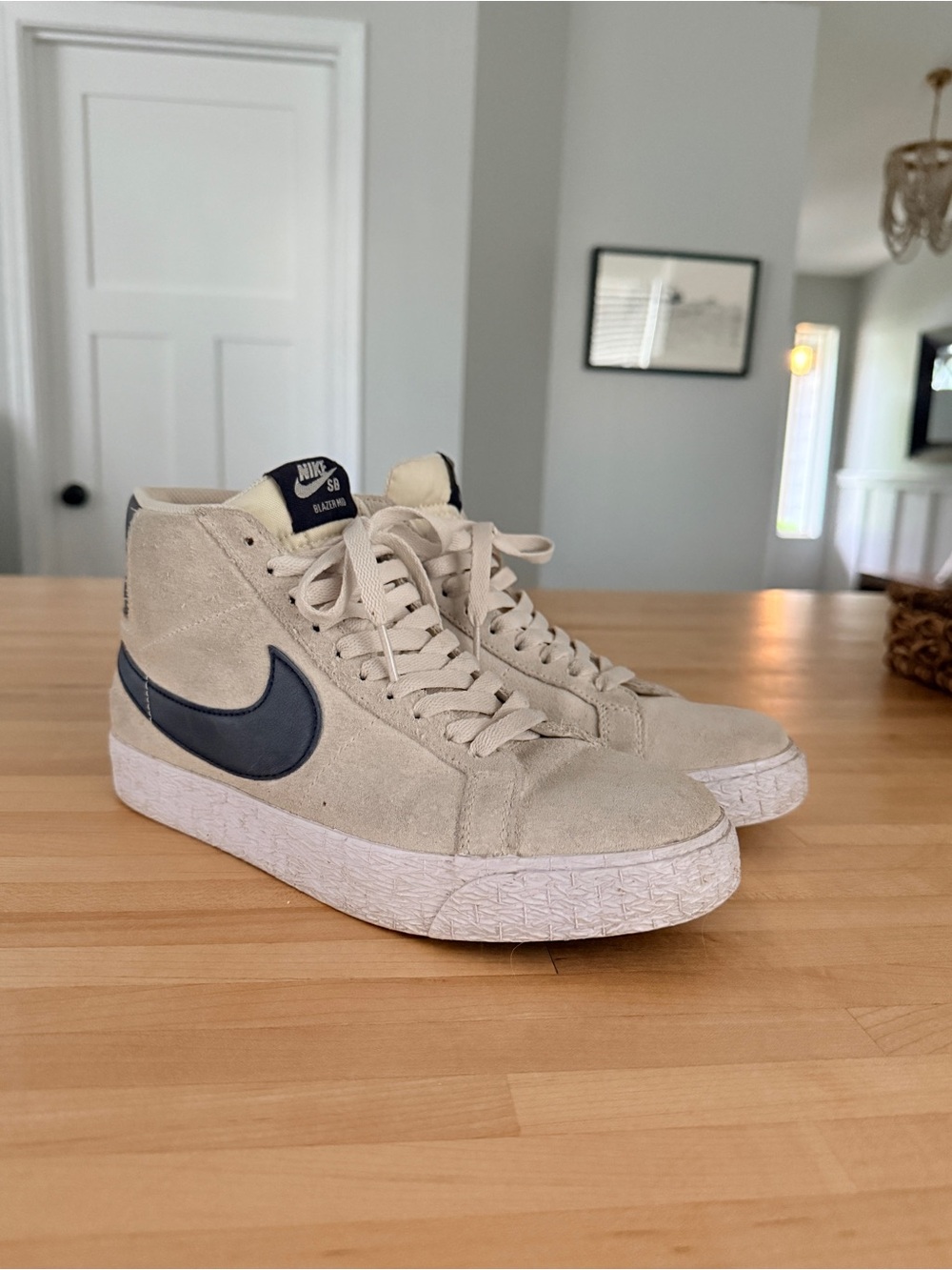 Nike Blazer Mid Suede Sneakers in Cream with Navy Swoosh